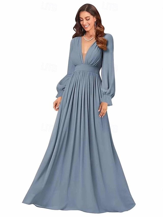  Abiti da sposa Linea ad A Scollo a V Manica Lunga Lunghezza al pavimento Chiffon Abiti da sposa Con Tinta unita 2025