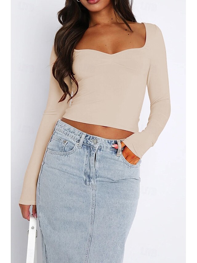  Pentru femei Bluză Simplu Modern Manșon Lung Pătrat Crop Tops Zilnic Concediu Ieșire Negru Alb Verde Militar Roșu-aprins Albastru piscină Vară