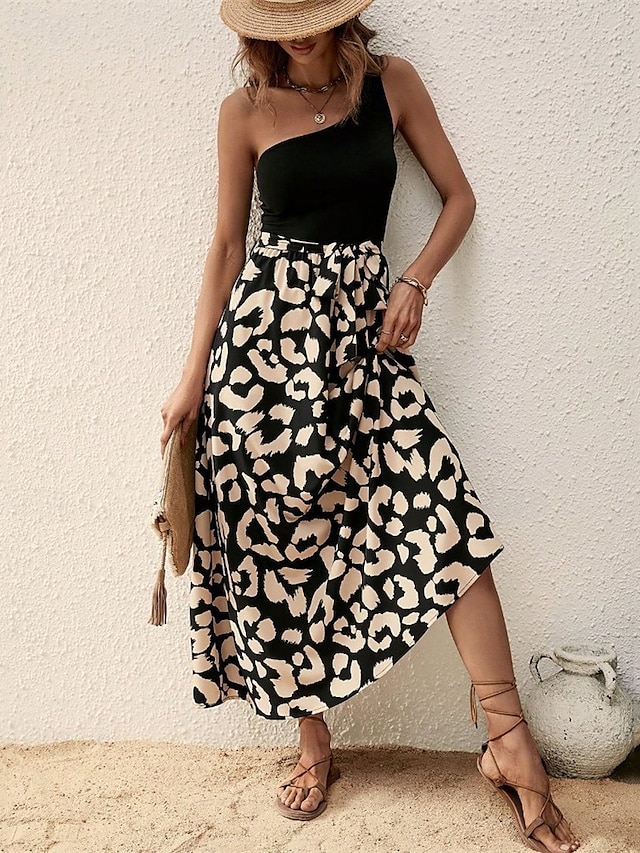  Femmes Robe Midi Robe Décontractée Robe d'été Élégant Mode Moderne Quotidien Plage Week-end Coupe régulière Léopard Sans manches Une Épaule Noir bleu marine Été