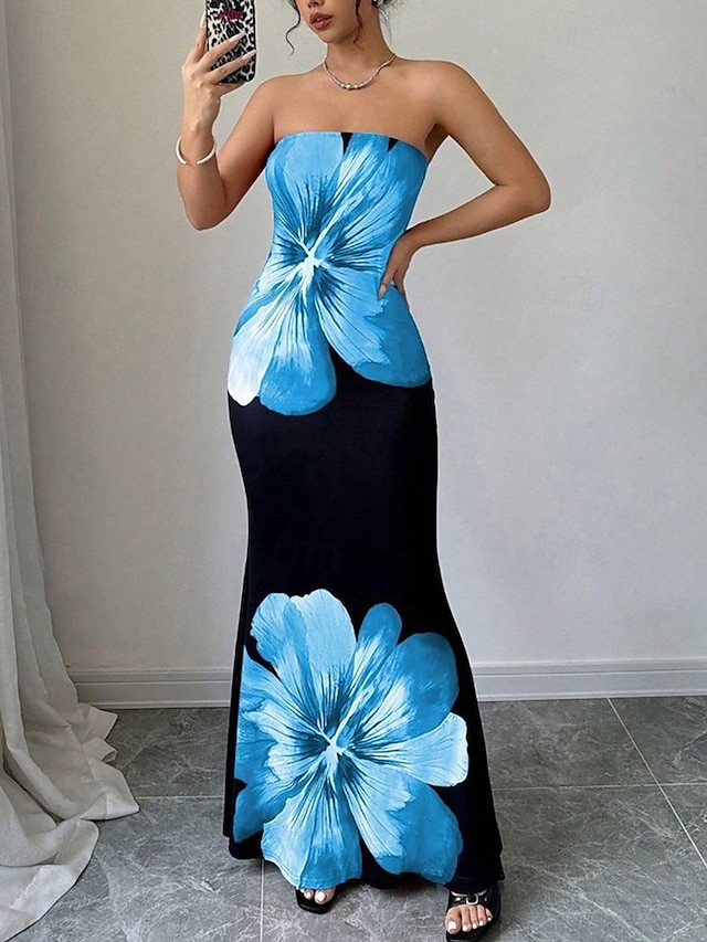  Women's Long Dress Maxi Dress Prom Dress Bodycon Summer Dress Elegant Fashion Party Holiday Date Regular Fit Flower Sleeveless Strapless Red Blue Summer Spring