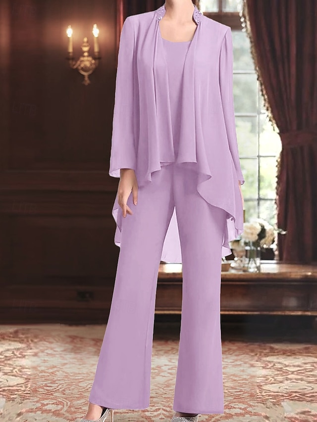  Pantaloni Abito Madre della Sposa Ospite Matrimonio Elegante Semplice Collo Gioiello Lunghezza del Pavimento Chiffon Manica Lunga con Colore Solido