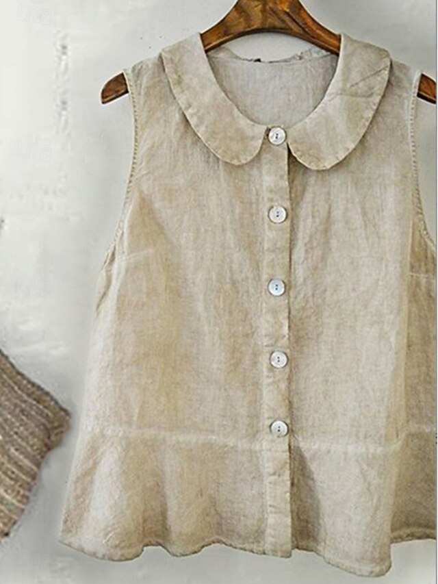 Women's Shirt Button Up Plain Basic Modern Sleeveless Shirt Collar Regular Tops Daily Ruffle Buttons Apricot Summer4