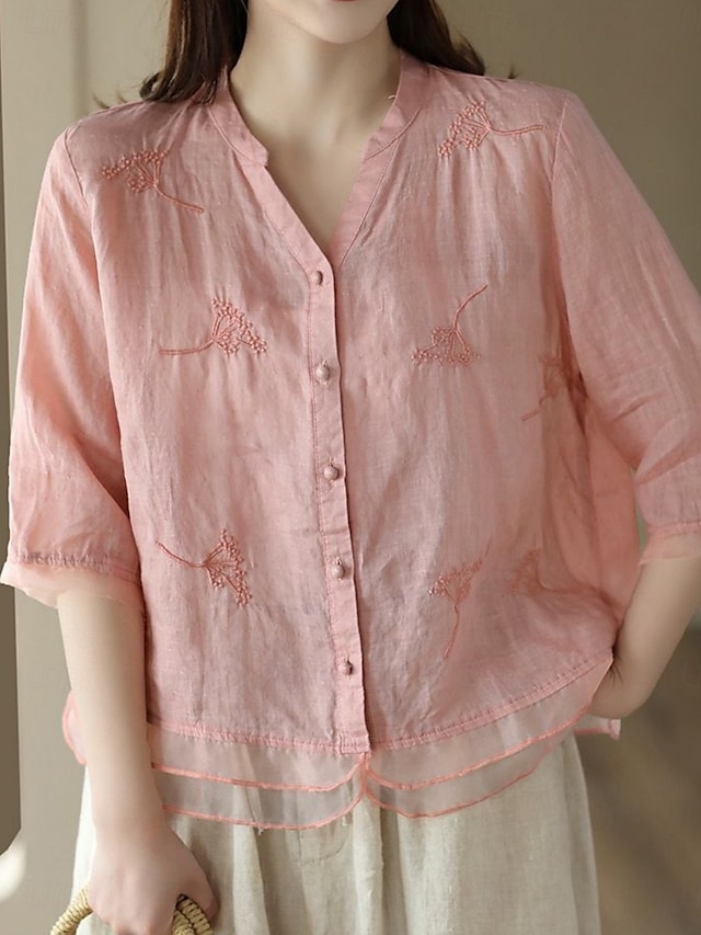 Women's Shirt Solid Color Basic Casual 3/4 Length Sleeve Shirt Collar Regular Tops Daily Mesh Patchwork Buttons White Yellow Pink Purple Summer