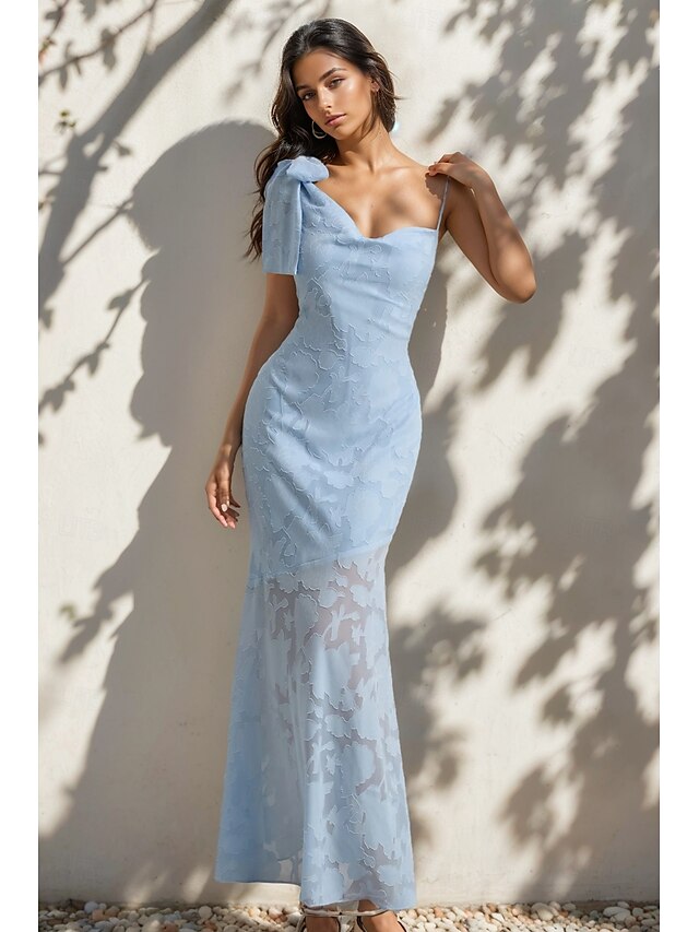  Vestido de noite estilo celebridade, sereia/trompete azul, renda floral queimada, comprimento até o chão, sem mangas, decote coração com laço(s), 2025