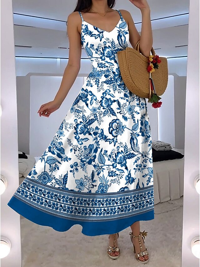 Women's Maxi Dress A Line Dress Slip Dress Vacation Casual Boho Party Going out Standard Fit Floral Graphic Sleeveless V Neck Red Blue Green Summer Spring4