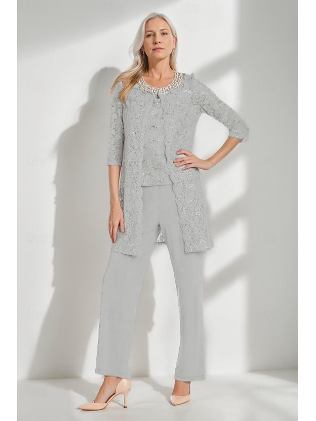  Glitter Kant Jumpsuit  Pantalonpak 3-delige Moeder van de Bruid Pantalonpak Simpel Minimalistisch Sprankel  Glans Crew Hals Enkel Lengte Kant Mouwloos Half Mouw met Parels Beading