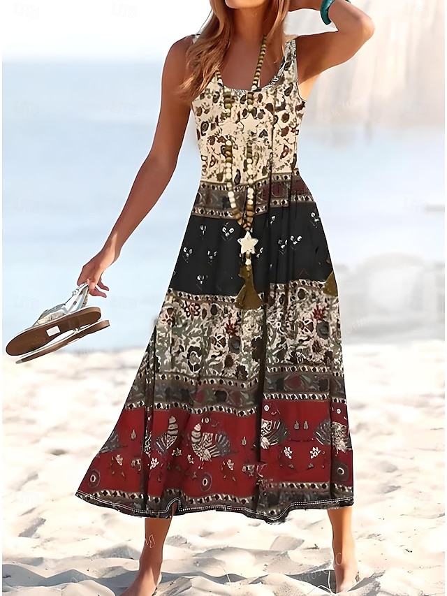  Damskie Sukienka maxi Sukienka letnia Sukienka A line Sukienka na ramiączkach Plisowana sukienka Urlop Codzienny Boho Wyjściowe Plaża Regularny Kwiaty W Tureckie Wzory Kolorowy blok Bez rękawów