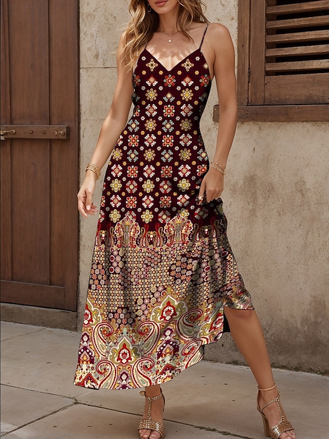  Dam Maxiklänning A linjeklänning Slipklänning Semester Ledigt Boho Strand Normal Grafisk Årgång Boho Paisley Damask Ärmlös V-hals Rodnande Rosa Rubinrött Blå Purpur Sommar Vår