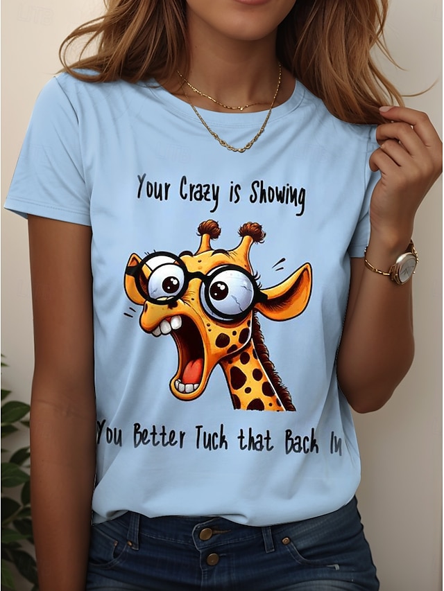  Women's T Shirt Graphic Animal Letter Stylish Classic Casual Short Sleeve Crew Neck Regular Tops Daily Print Black White Pink Blue Purple Summer