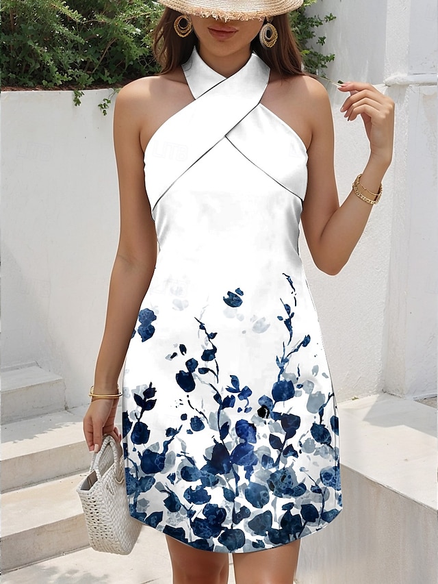  Pentru femei Rochie Mini Rochie de Vară Rochie A line Rochie halter Vacanță Casual Ieșire Fit regulat Floral Grafic Fără manșon În V Negru Alb Albastru piscină Trifoi Vară