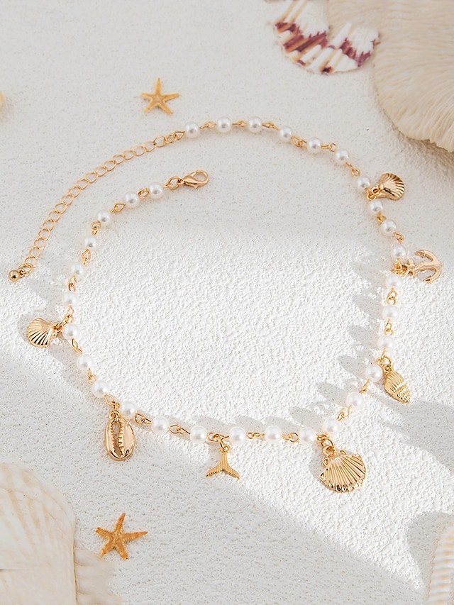  Women's Pearl Beaded Necklace with Gold Sea Charms – Nautical Beach Jewelry for Summer Vacation and Resort Wear