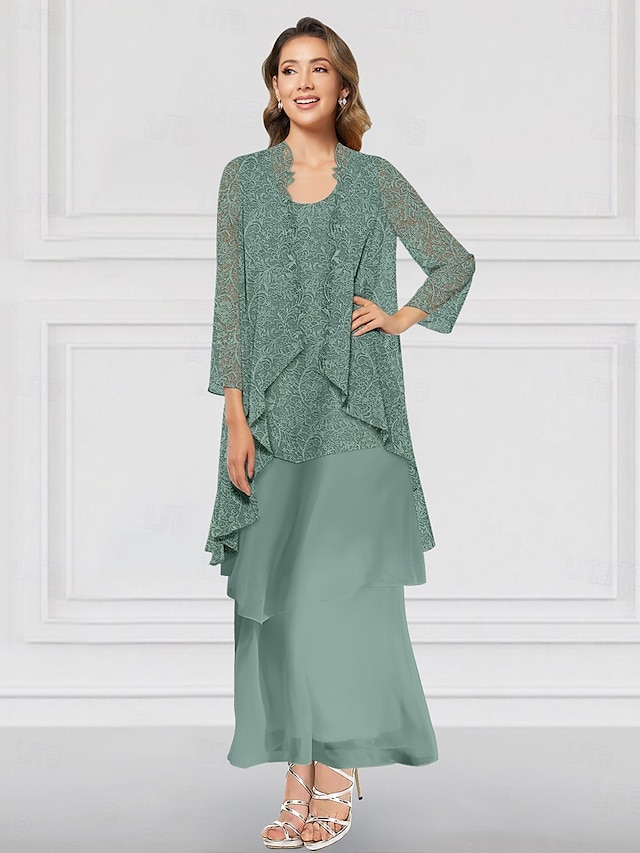  Green Blue Pink Two Piece A-Line Dress Sets Mother of the Bride Dress Elegant Crew Neck Ankle Length Chiffon Long Sleeve Jacket Dresses with Lace Ruffles Tier 2025