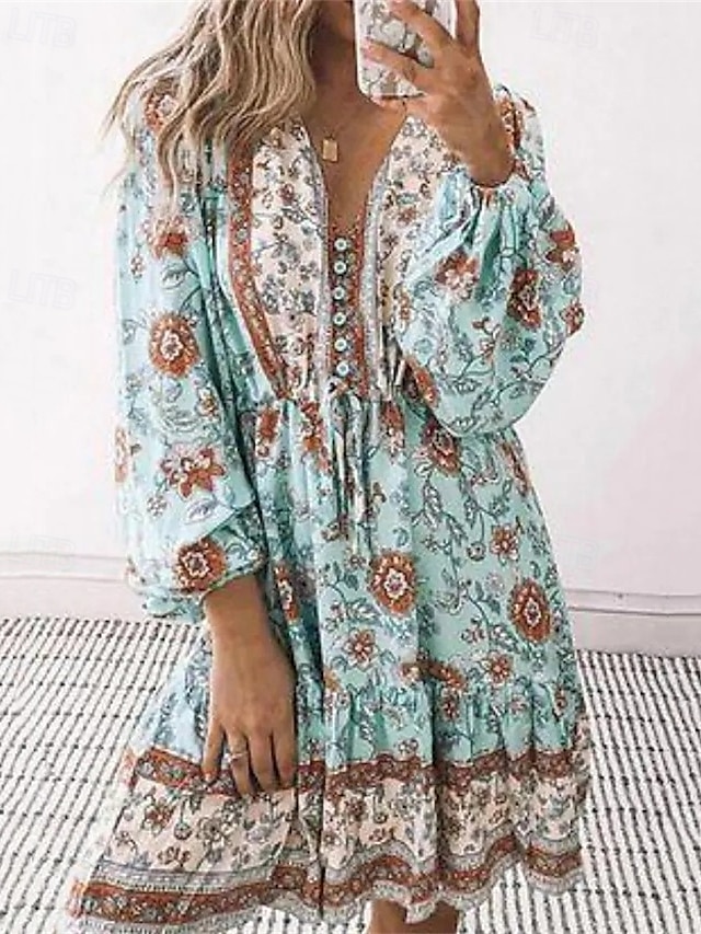  Damen Minikleid Freizeitkleid Boho-Kleid Elegant Mode Romantisch Outdoor Urlaub Ferien Normale Passform Blume Langarm V Ausschnitt Leicht Blau Sommer