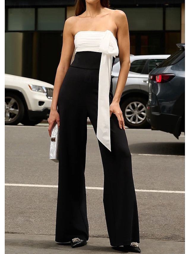 macacão vestido de noite elegante vestido formal para convidados de casamento comprimento até o chão sem mangas ombro a ombro bloco de cores com pregas laço(s) 2025