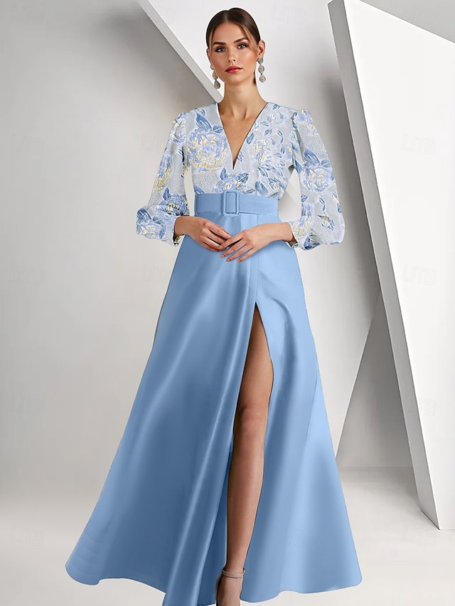  Bloemen Brocade Organza Avond Gown Celebrity Stijl Jurk Formele Bruiloft Gast Vloer Lengte Lange Mouw V Hals Ceintuur  Sash met Split