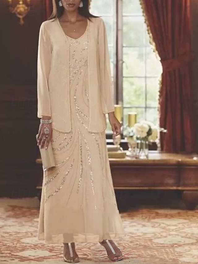  Robe Mère de la Mariée Coupe Deux Pièces à la Plage Invité de Mariage Élégant Étincelle  Brillance Encolure en V Longueur Cheville Chiffon Sequins Manches Longues avec Sequins 2025 taille