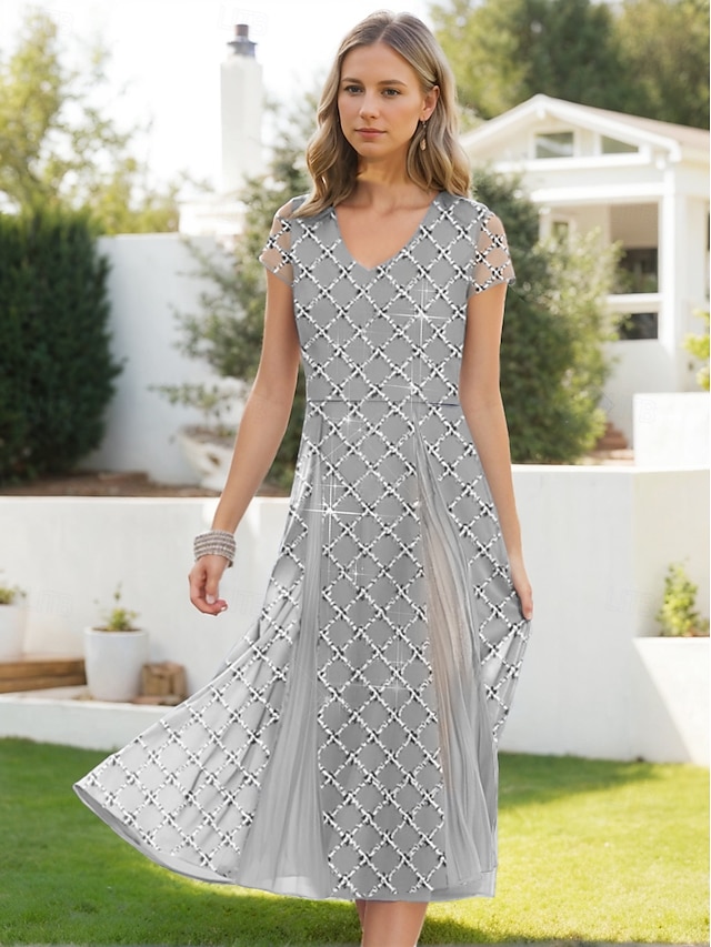  Suknia A-Line Matki Panny Młodej Elegancka Prosta Minimalistyczna V Dekolt Długość Tea Chiffon Beaded Koronkowa Krótki Rękaw z Koronkową Aplikacją Midi Dress