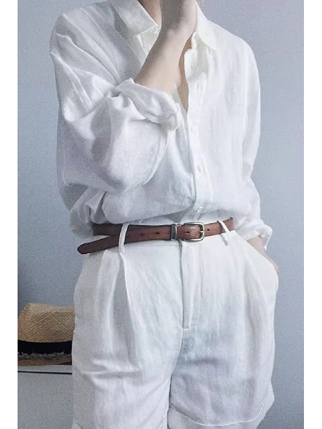  Per donna Camicia Camicie ispirate al lino Abbottonare Blusa Semplice Essenziale Moderno Manica Lunga Colletto a Camicia Top Regolari Quotidiano Ferie Uscire Bottoni Bianco Estate