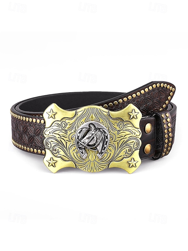  Men's Western Style Leather Belt with Eagle Buckle – Vintage Embossed Design with Rivets, Ideal for Casual and Country Wear