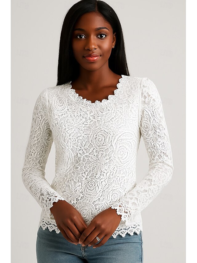 Women's Lace Tops Plain Stylish Modern Long Sleeve Crew Neck Regular Tops Daily Holiday Lace White Summer4