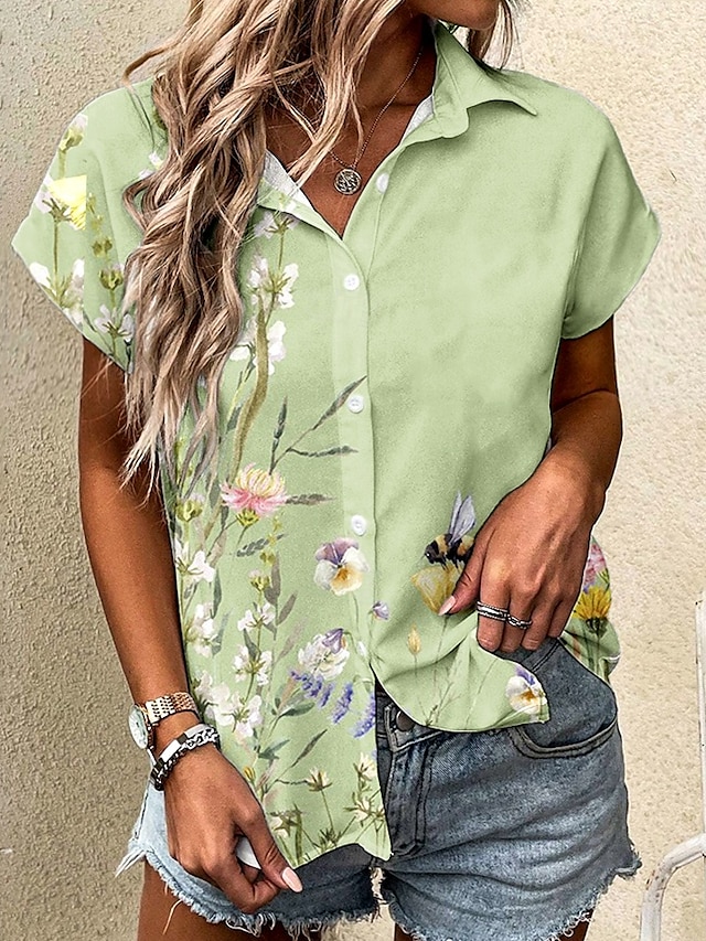  Femmes Chemise A Ombre Fleuri Graphique ancien Tropical Quotidien Manche Courte Mancheron Col de chemise Hauts Longs Quotidien Vert Claire Été Printemps