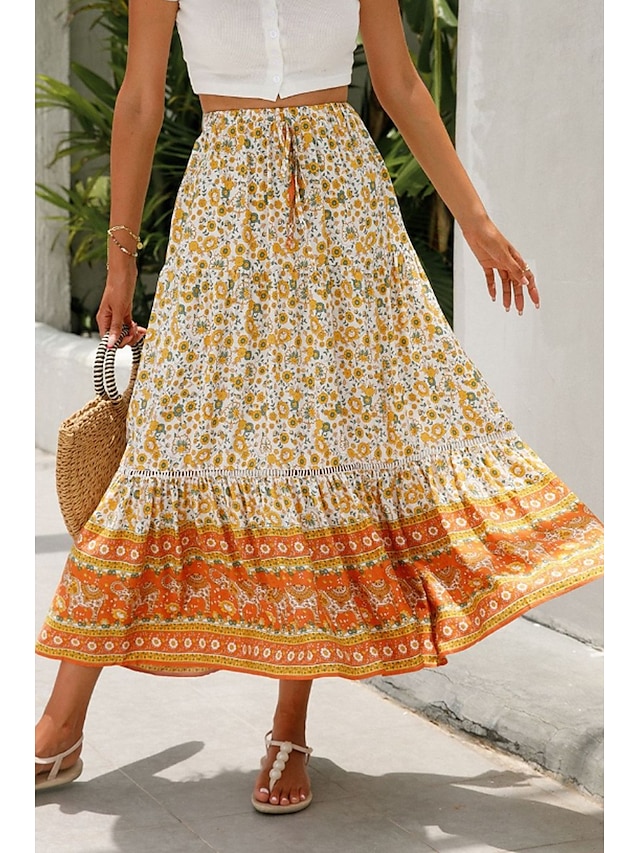  Mulheres Saia Bohemia Casual Boho Longo Cintura Média Saias Floral Imprimir Micro-Elástica Férias Rua Amêndoa Vermelho Azul Laranja Verão Raiom