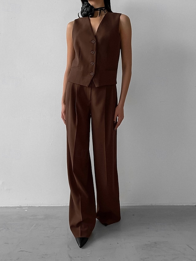 Femmes Actif Chemisier Ensembles de Pantalons Sans manches Col en V Couleur Unie Dubbele Rij Knopen Date Week-end Marron Été Coupe régulière