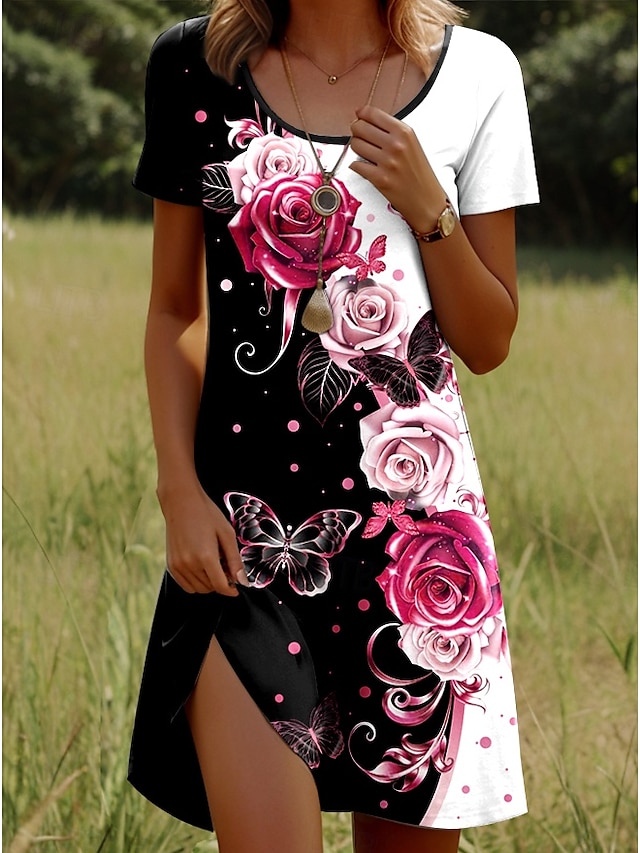 Жен. Мини-платье Повседневное платье Платье-футболка Сарафан Платье A-силуэта Стиль На каждый день Пляж Стандартный Омбре Цветочный принт Графика С короткими рукавами Вырез под горло