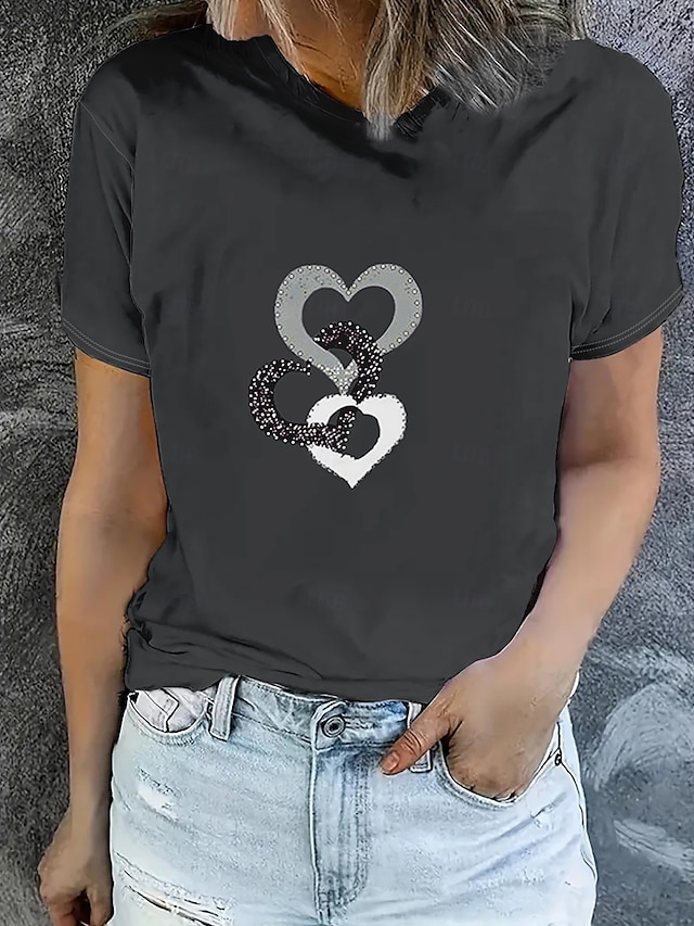  Pentru femei Tricou Topuri de vară Inimă Grafic Clasic Casual Manșon scurt Stil Nautic Crop Tops Zilnic Sfârșit de săptămână Imprimeu Negru+alb+gri Vară Primăvară Toamnă