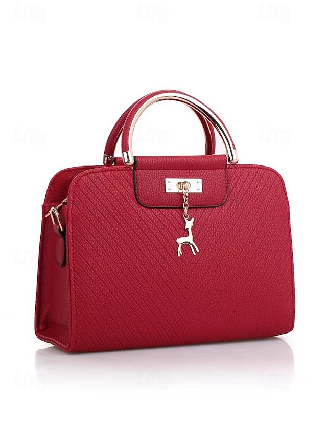  Women's Faux Leather Top Handle Tote Bag with Deer Charm - Elegant Structured Women's Shoulder Bag, Perfect for Mother's Day Gift, Work, Shopping and Casual Outings