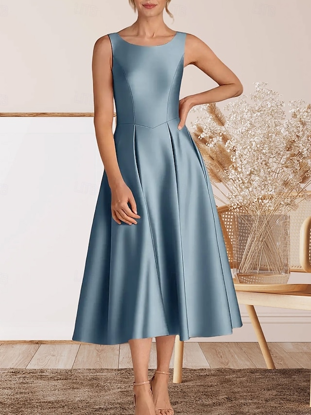  Robe cocktail A-Line élégante robe de retour à la maison cocktail party longueur thé sans manches col rond satin avec plis