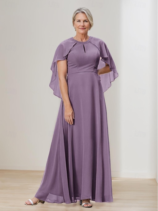  Cape Dress A-Line Mother of the Bride Dress Elegant Simple Wedding Guest Dress Minimalist Crew Neck Floor Length Chiffon Beaded Lace Short Sleeve with Lace Beading