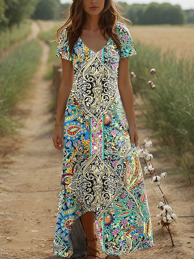  Per donna Abito maxi Abito a trapezio Vacanza Boho All'aperto Uscire Vestibilità comoda Grafico Paisley Manica Corta Scollo a V Verde Estate