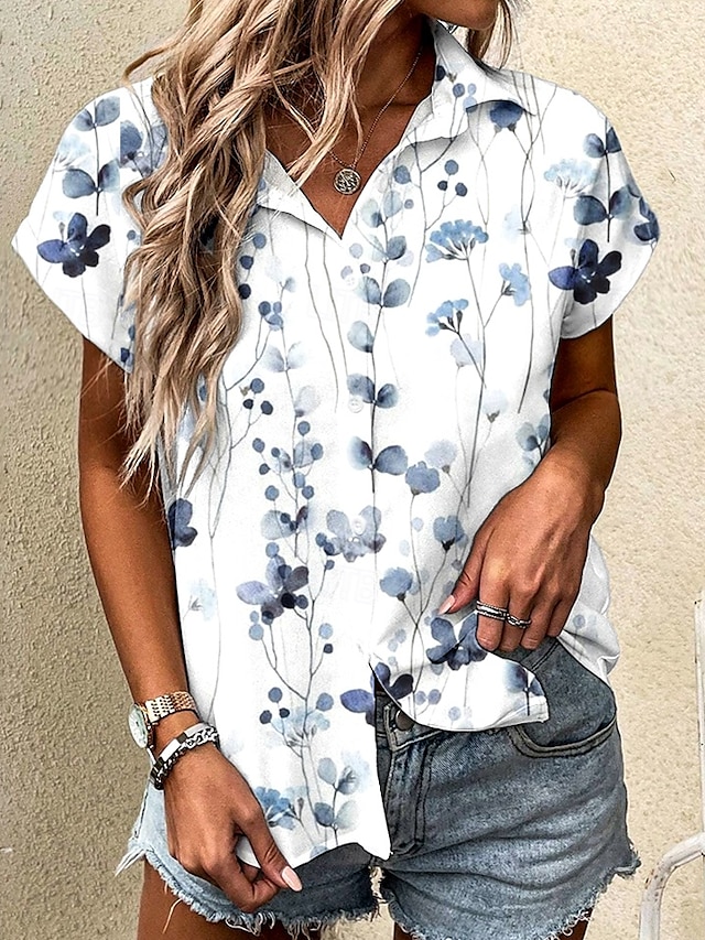  Women's Shirt Floral Graphic Vintage Tropical Daily Short Sleeve Cap Sleeve Shirt Collar Long Tops Daily Light Blue Summer Spring