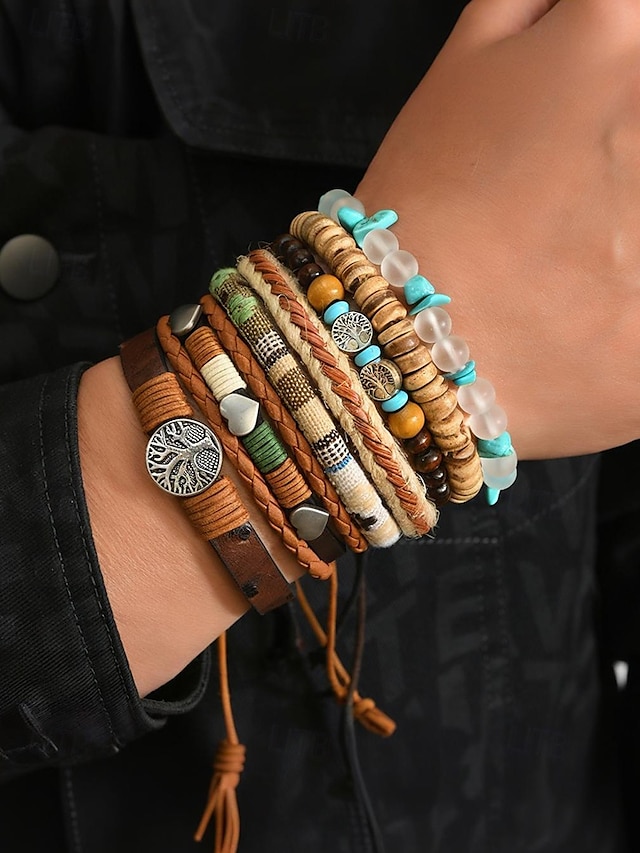  Boho Leather and Bead Bracelet Set for Men and Women – Adjustable Friendship, Tree of Life Charm – Vintage Handmade Tribal Accessories for Casual Wear, Festivals and Daily Fashion