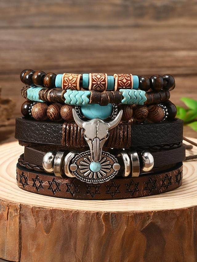  Bracelet western en cuir pour homme avec perles et pierres turquoises, motif crâne de vache, style bohème pour un usage décontracté et en extérieur