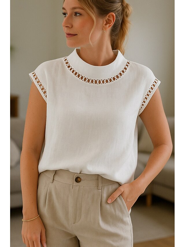 Women's Cotton Linen Shirt Plain Stylish Modern Short Sleeve Turtleneck Regular Tops Daily Holiday Eyelet White Summer4