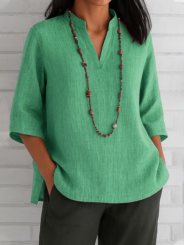  camicetta da donna in cotone e lino, tinta unita, elegante, vintage, alla moda, manica a 3/4, scollo a V, top normali, per tutti i giorni, per le vacanze, rosso, blu, verde, kaki, estate, primavera