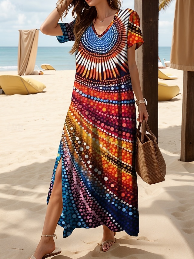  Femmes Robe Midi Robe d'Été Robe trapèze Robe d'été Vacances Occasionnel Coupe Ample Fleuri Graphique À pois Manche Courte Col en V Arc-en-ciel Été Printemps Automne