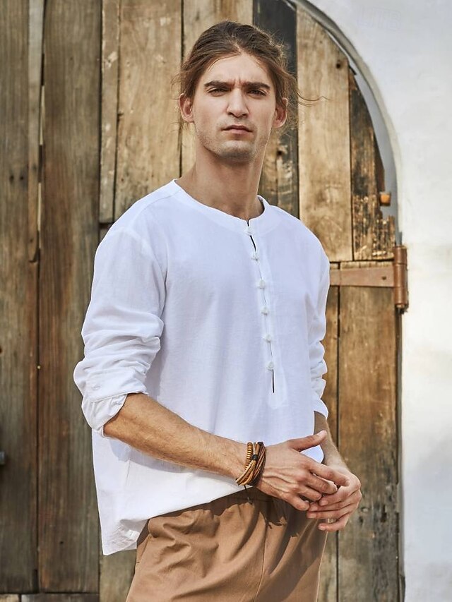 Retro Vintage Medieval Renaissance Shirt Pirate Viking Solid Color Round Neck Fancy Dress Men's Viking Pirate Halloween Carnival Party LARP Ren Faire Adults' Shirt Spring & Summer4