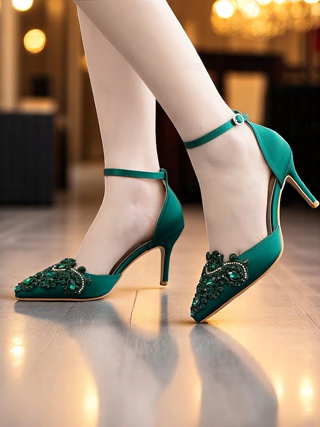 Women's Emerald Green Satin Ankle Strap Heels – Pointed Toe Cocktail Shoes with Crystal Embellishments for Parties and Weddings 10
