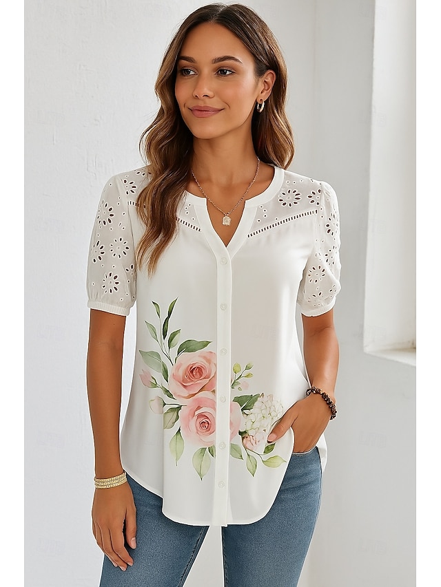  Damen Hemd Knopfleiste Blumen Stilvoll Modern Kurzarm V Ausschnitt Normale Oberteile Täglich Ferien Patchwork Knöpfe Druck Weiß Sommer