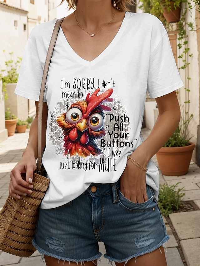  Femmes Chemisier Graphique Coq Lettre ancien Élégant Classique Manche Courte Col en V Hauts Réguliers Quotidien Sortir Tenue de plage Imprimé Noir Blanche Été Printemps