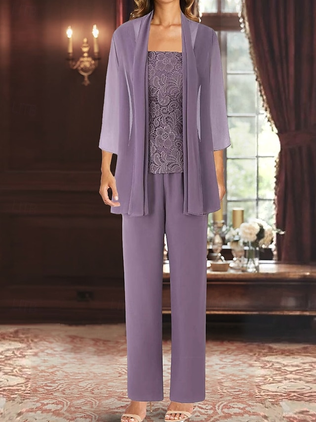 Hosenanzug Brautmutterkleid Hochzeitsgast Elegant Einfach Juwelenhals Bodenlang Polyester Langarm mit Einfarbig 2025