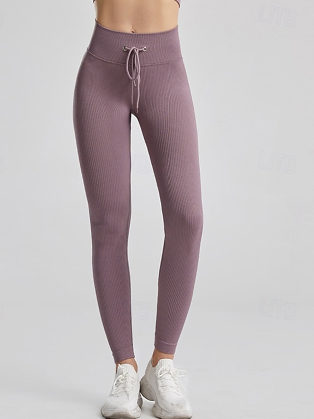  Dames Yogabroek Yoga legging Trekkoord Elastische tailleband Geribd Buikcontrole Billenlift Yoga Sportschooltraining Pilates Broeken Zwart Wit Marine Blauw Herfst Sport Sportkleding Rekbaar Slank
