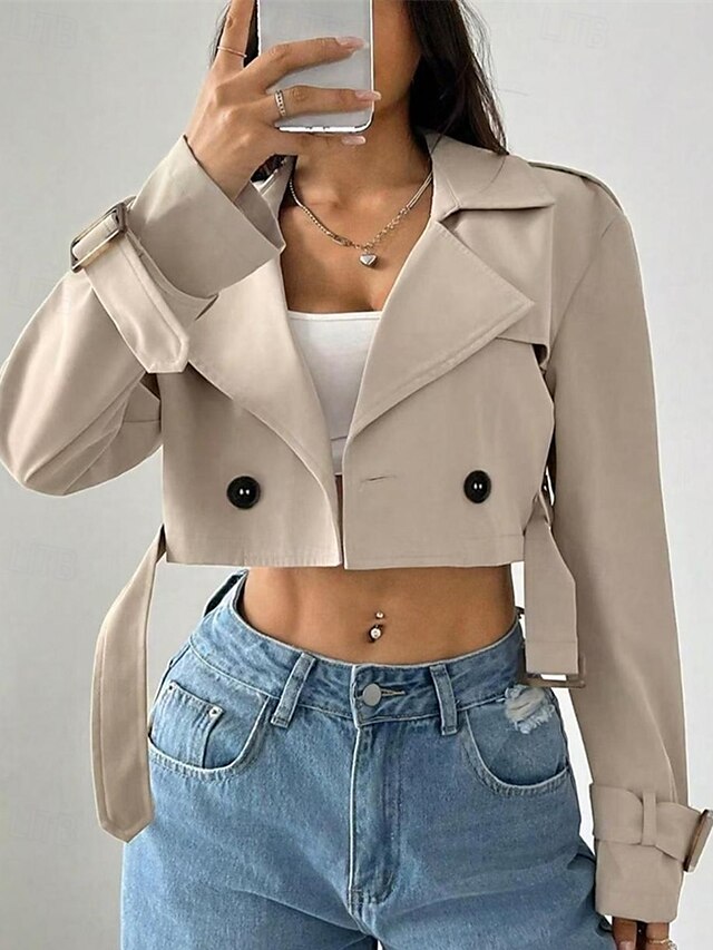  Dame Frakk Trenchcoat Bekvem Knapper Elegant Mote Utendørs Helfarge Ut på byen Fritid / hverdag Helg Enkeltkneppet Kort Knaphul Normal Langermet Yttertøy Aprikos Vår Høst
