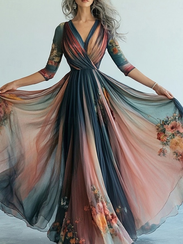  robe longue femme robe maxi robe décontractée robe trapèze robe fleurie robe d'été robe bohème vintage vacances quotidien coupe classique floral manches longues col V bleu été