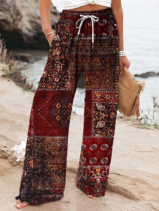 Women's Wide Leg Chinos Baggy Pants Vacation Vintage Fashion Full Length High Waist Graphic Geometric Drawstring Patchwork Printing Soft Breathable Micro-elastic Vacation Causal Casual Maroon Summer4