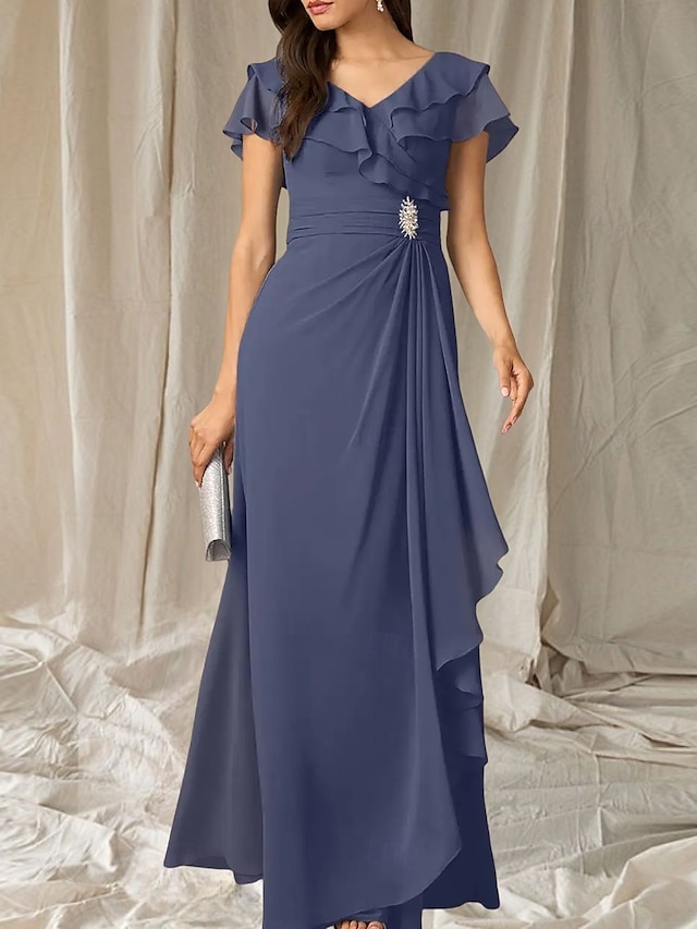  Robes de fête pour invité de mariage A-Line robe élégante longueur de sol à manches courtes décolletée en V en chiffon avec plis et volants