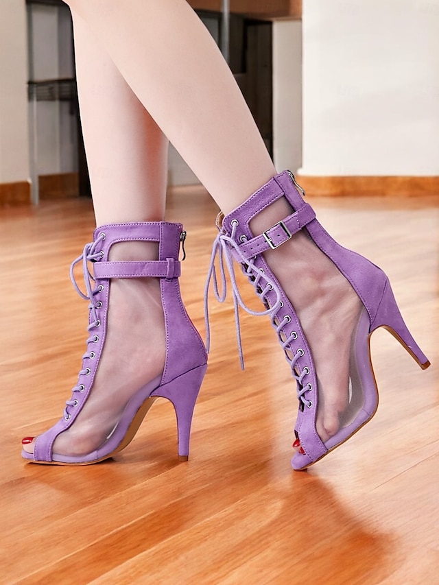  Chaussures de danse latine à lacets en maille violette pour femmes – Chaussures à talons hauts respirantes et élégantes pour la pratique de la salsa et du tango